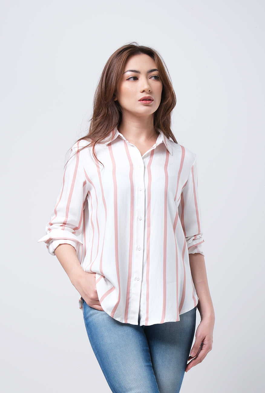 Kemeja Lengan Panjang Jenny Offwhite Pink