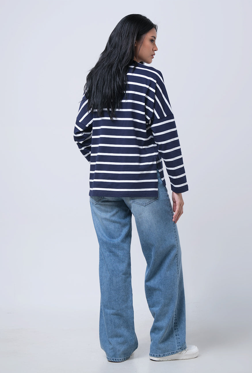 T-Shirt Lengan Panjang Chandie Navy white Stripe
