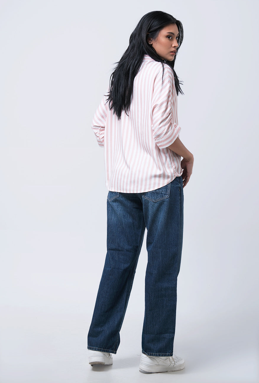 Kemeja Lengan Pendek Florentina Pink Offwhite