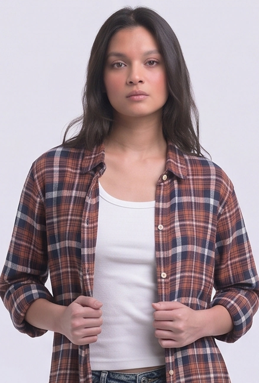 Kemeja Flanel Selly Orange Navy