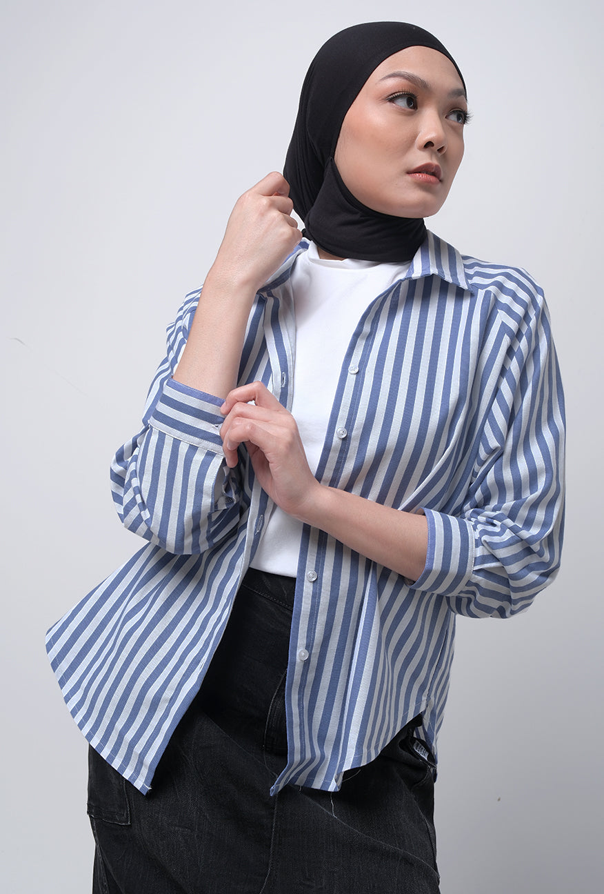 Kemeja Lengan Panjang Emery Blue White