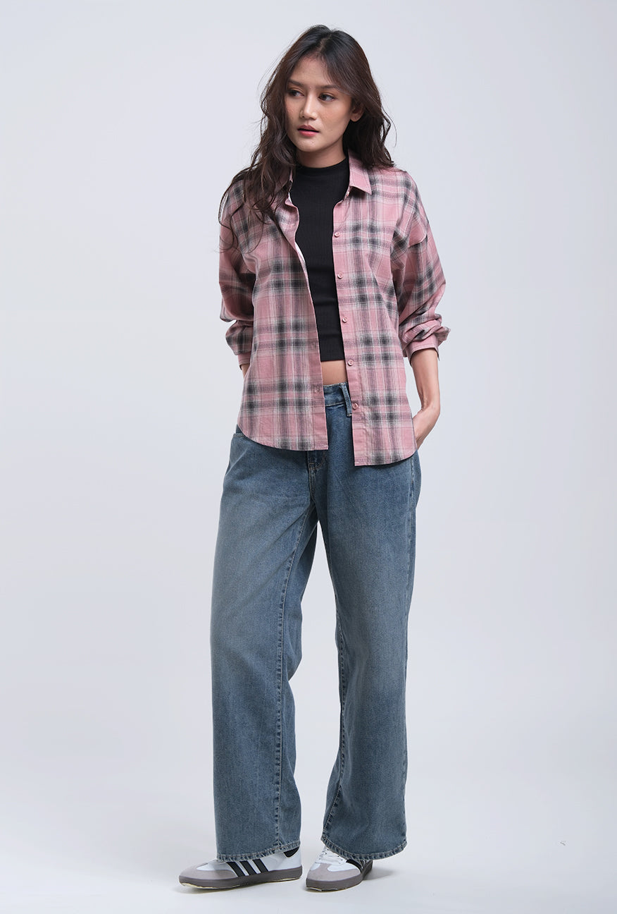 Kemeja Lengan Panjang Claire Pink Black