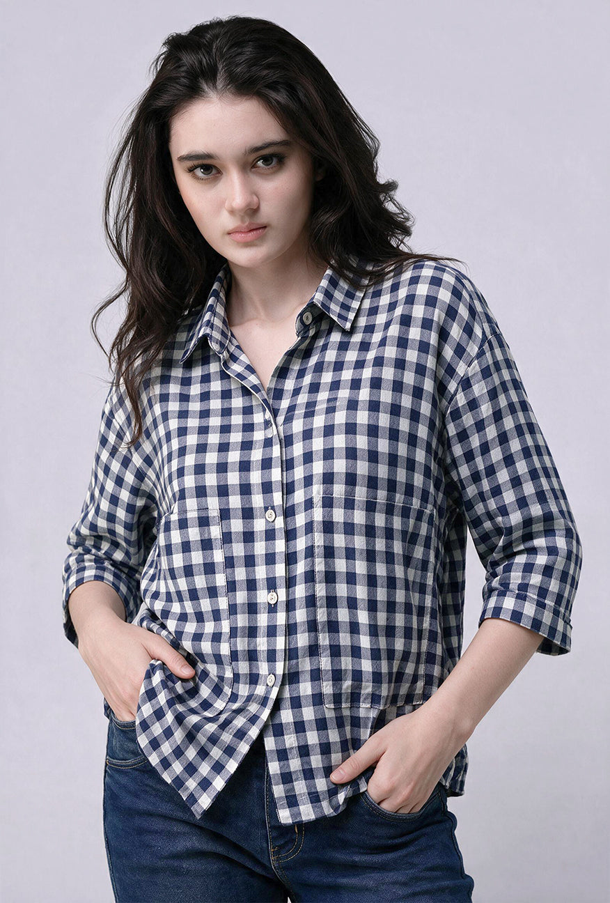 Kemeja Lumi Navy White Exclusive Online