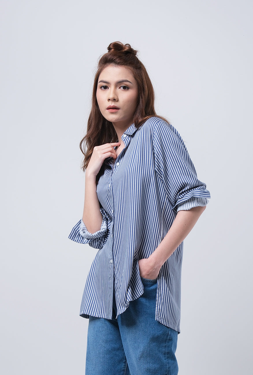 Kemeja Lengan Panjang Ziva Navy White