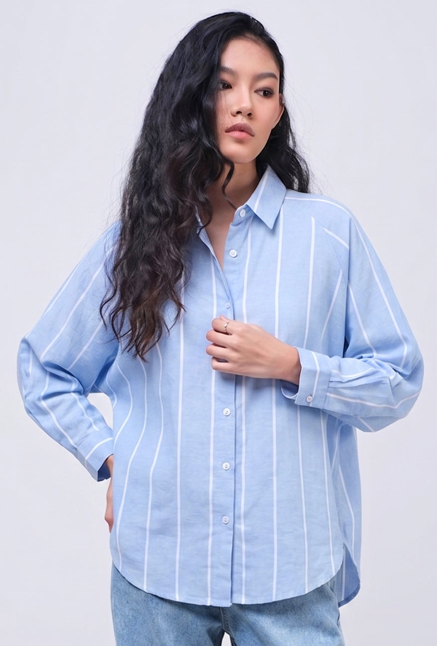 Kemeja Lengan Panjang Lycka Blue White
