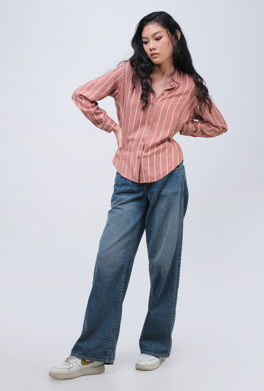 Kemeja Lengan Panjang Jayla Brown White