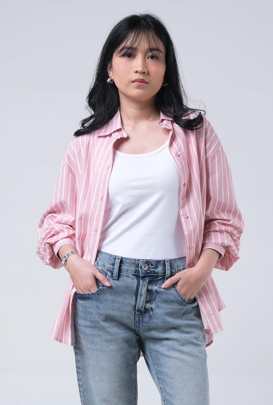 Kemeja Lengan Panjang Syalia Pink White