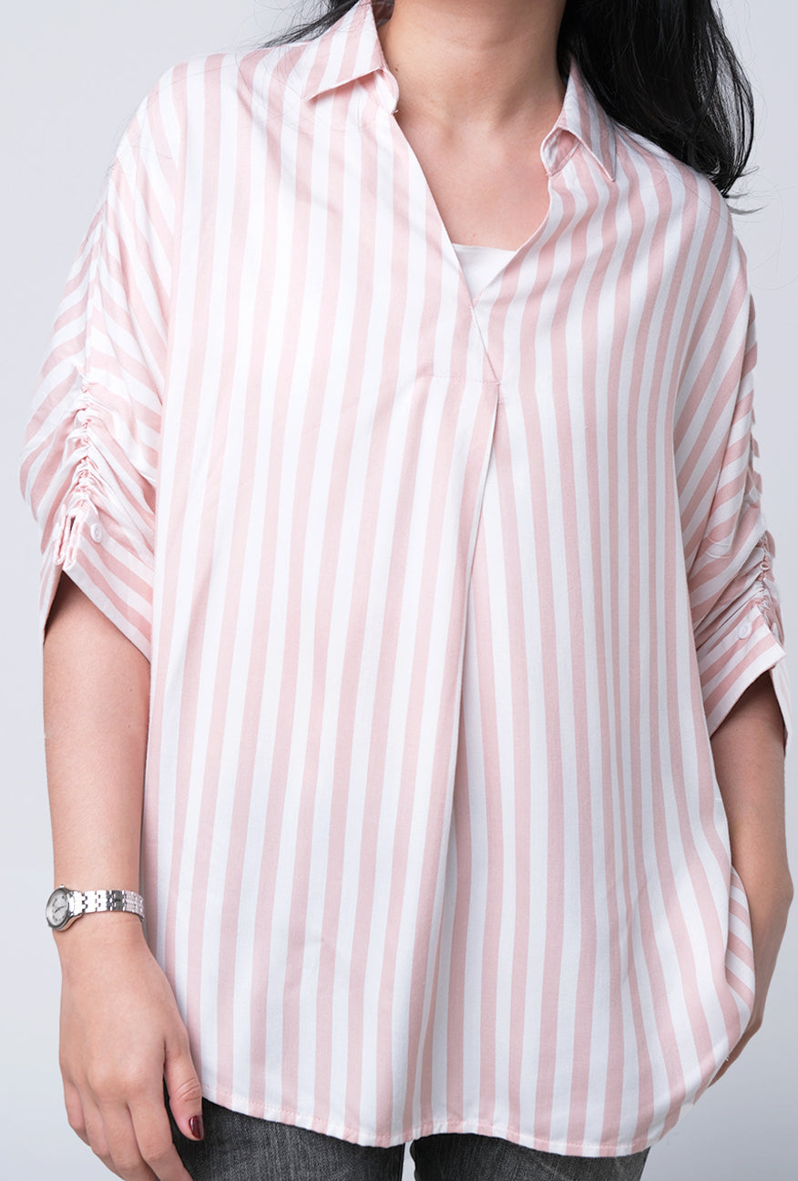 Kemeja Lengan Pendek Florentina Pink Offwhite