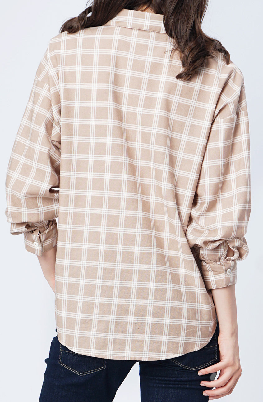 Kemeja Lengan Panjang Evie Khaki White