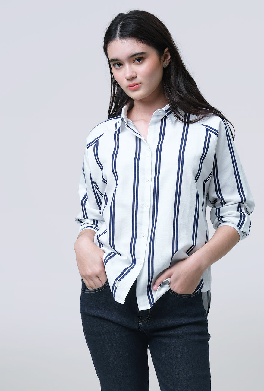 Kemeja Lengan Panjang Lacey White Navy
