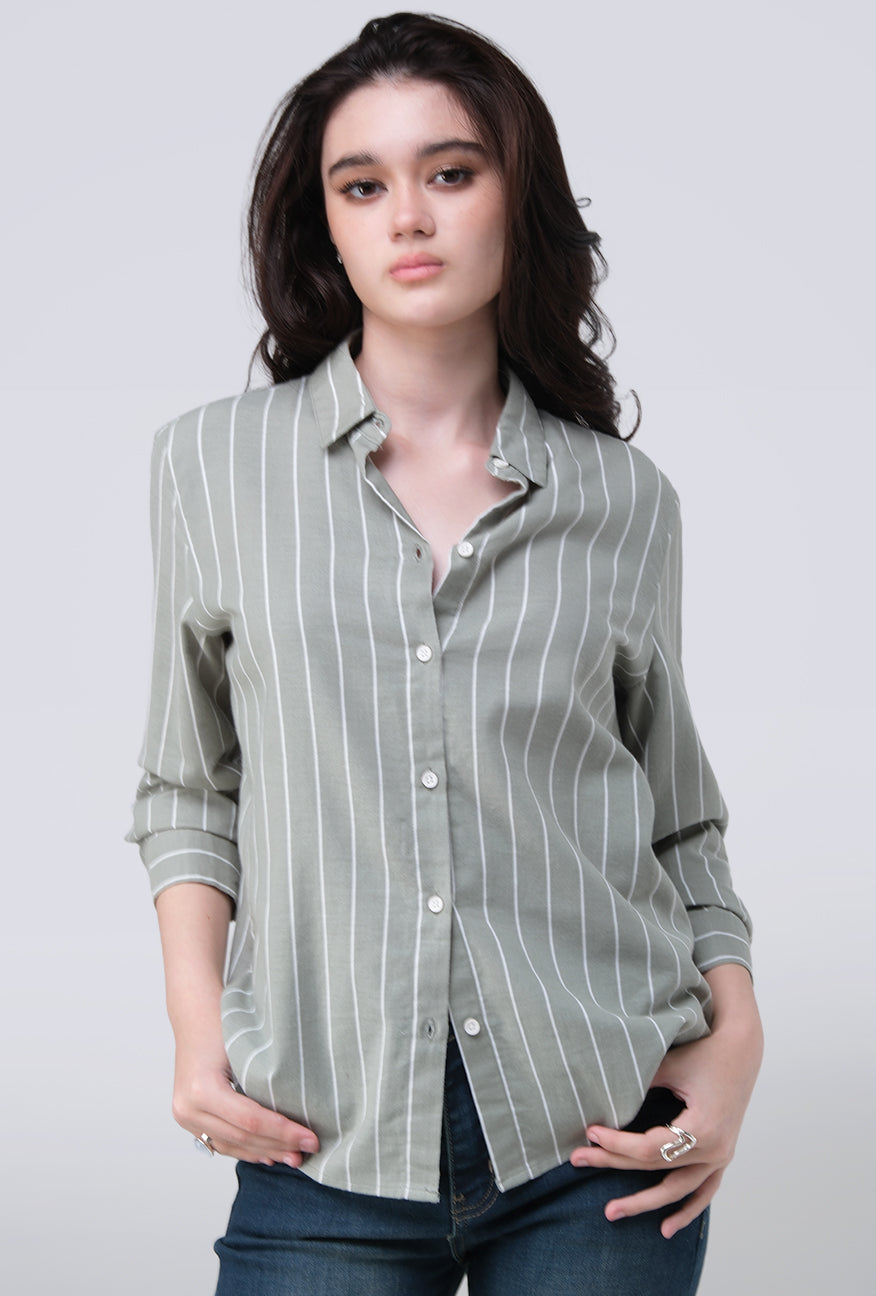Kemeja Lengan Panjang Valja Green Offwhite
