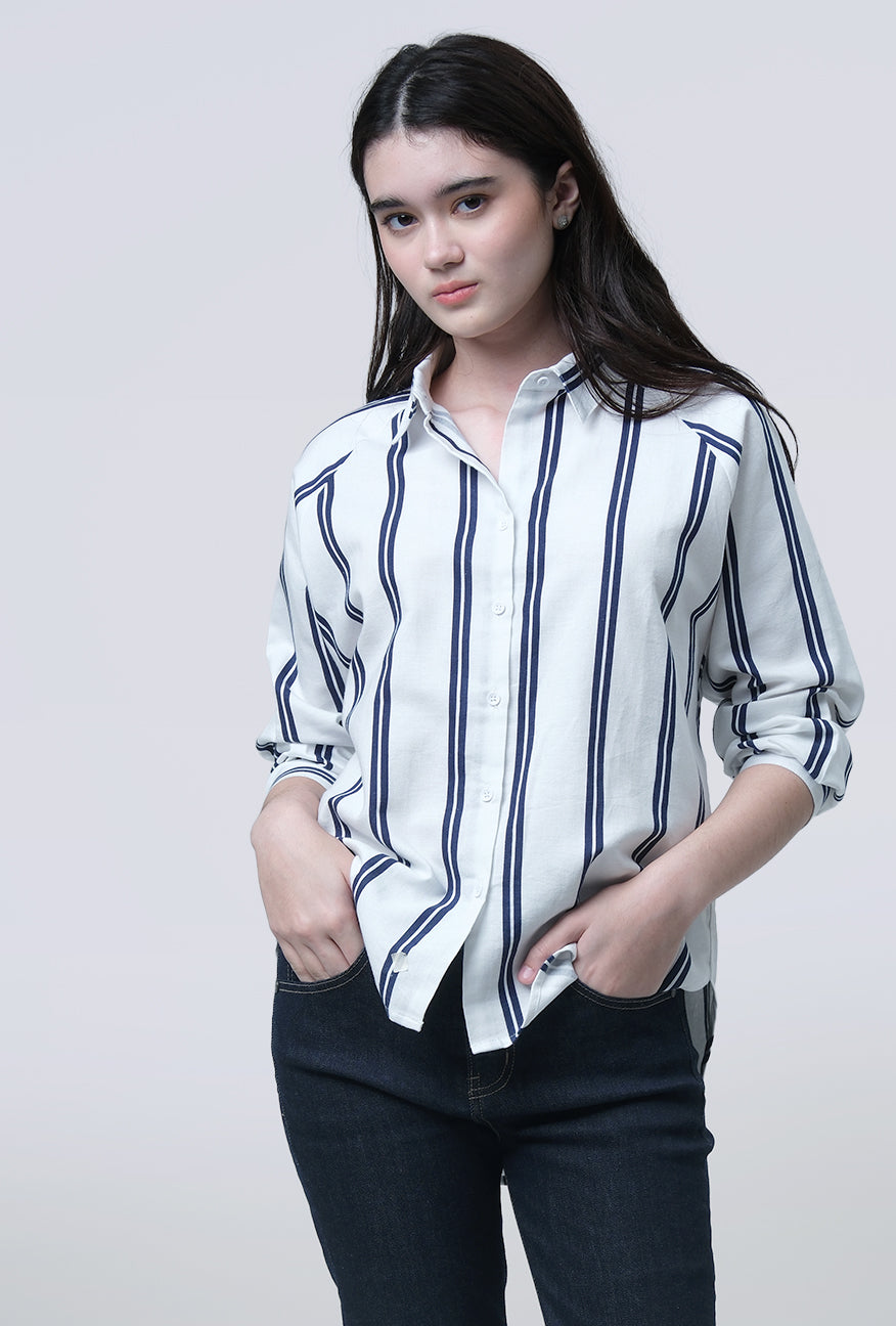Kemeja Lengan Panjang Lacey White Navy