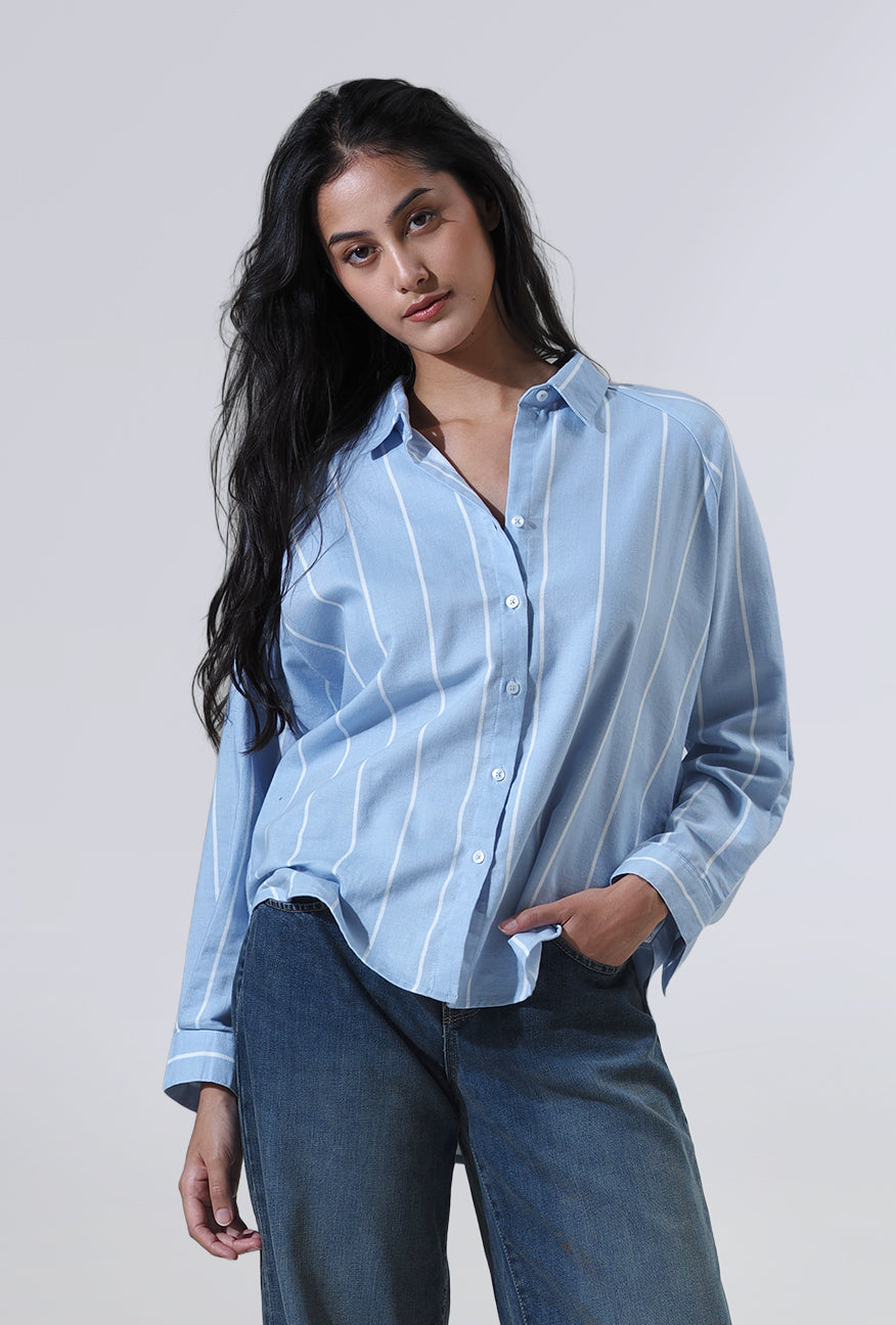 Kemeja Lengan Panjang Lycka Blue White