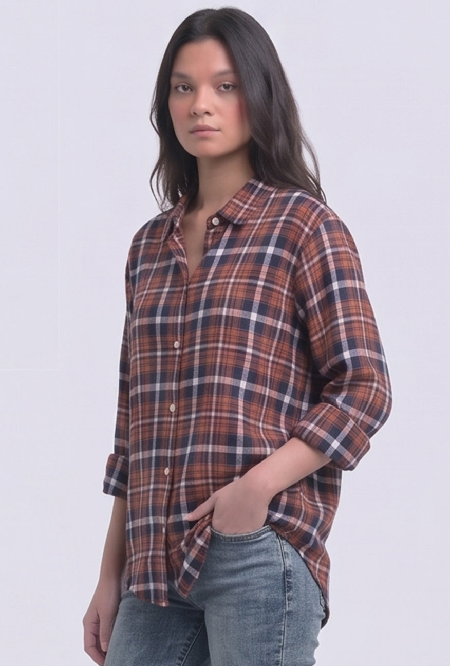 Kemeja Flanel Selly Orange Navy