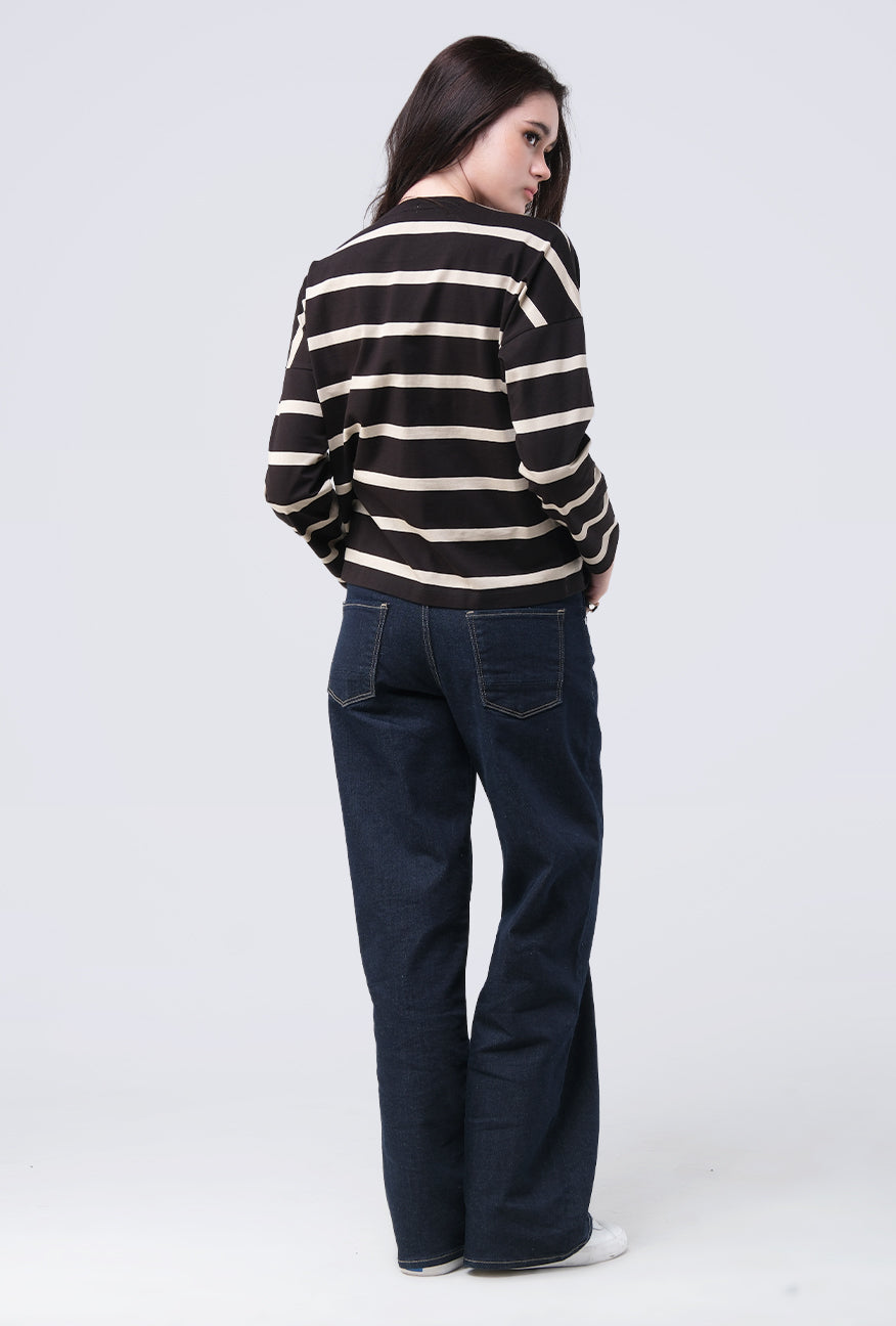 T-Shirt Lengan Panjang Zeva Black Beige Stripe