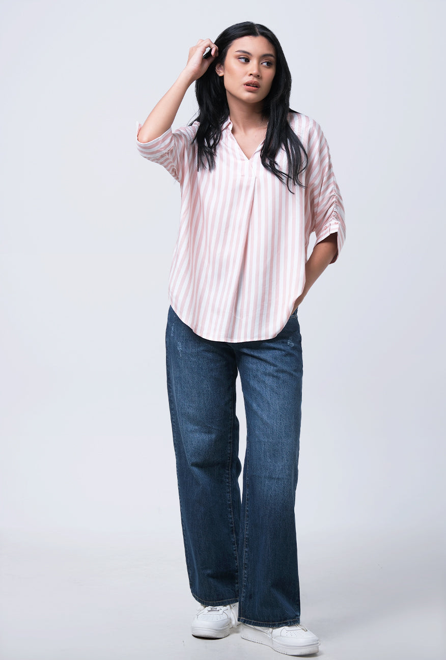 Kemeja Lengan Pendek Florentina Pink Offwhite