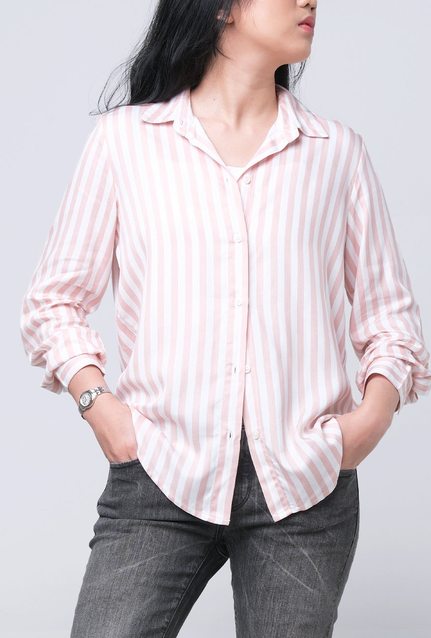 Kemeja Lengan Panjang Flory Pink Offwhite