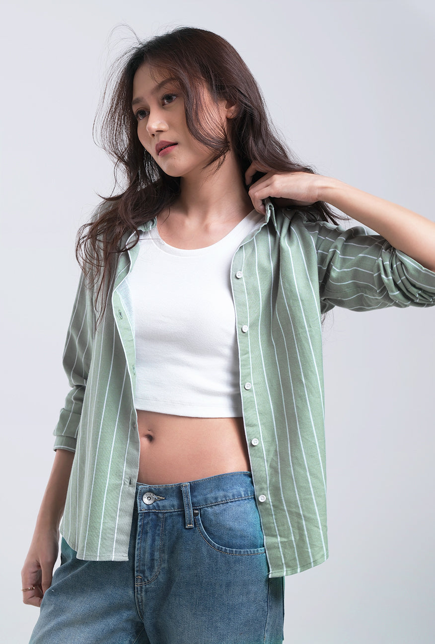 Kemeja Lengan Panjang Valja Green Offwhite