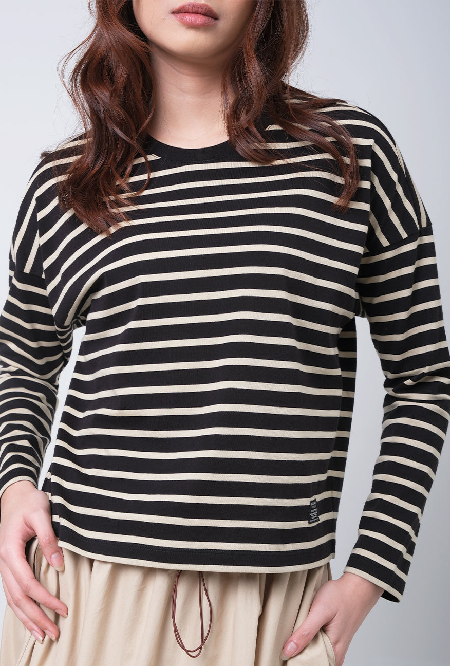 T-shirt Lengan Panjang Elsie Black Cream Stripe