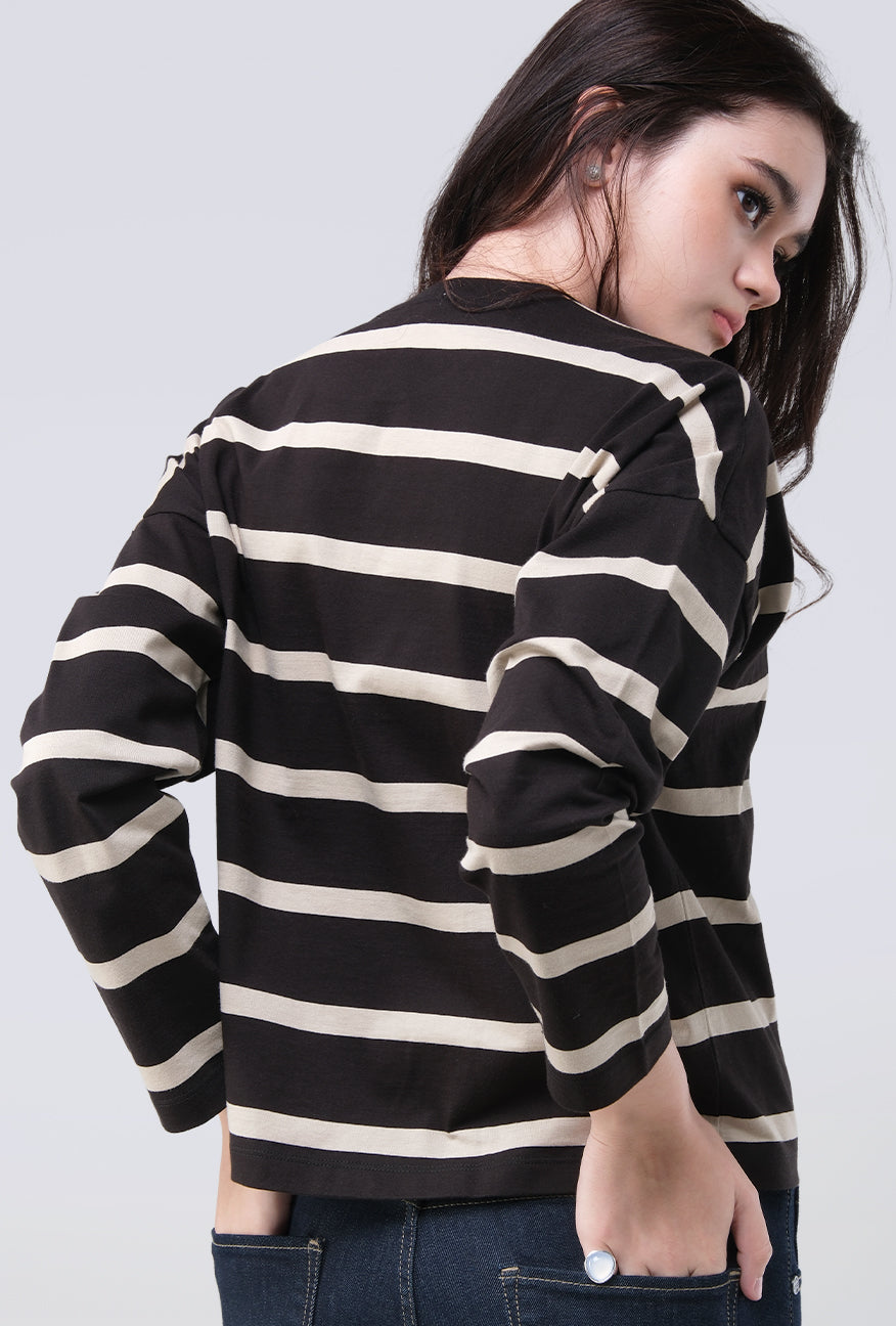 T-Shirt Lengan Panjang Zeva Black Beige Stripe