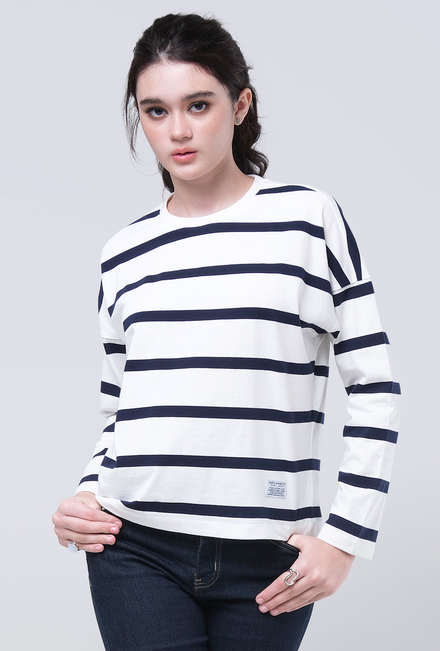 T-Shirt Lengan Panjang Sena White Navy Stripe