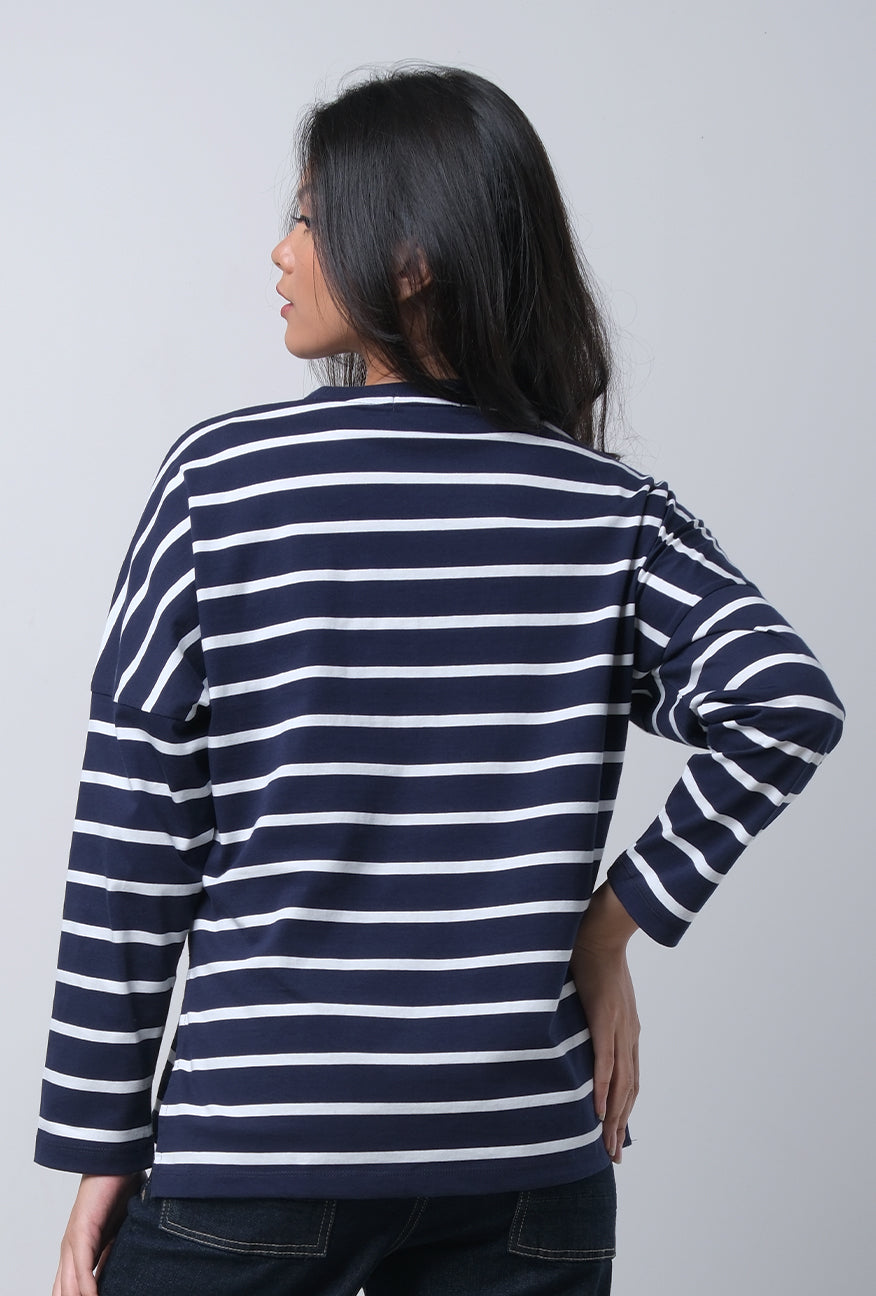 T-Shirt Lengan Panjang Chandie Navy white Stripe