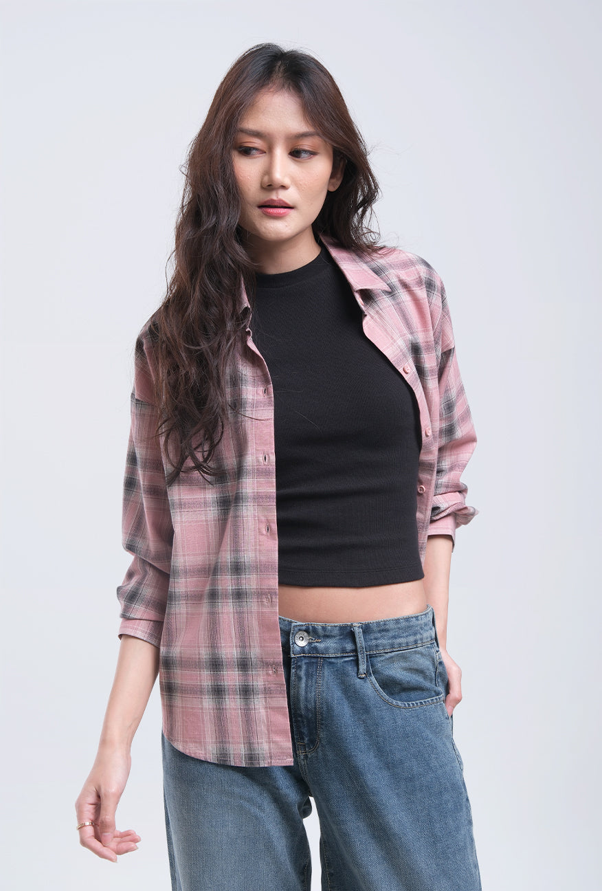 Kemeja Lengan Panjang Claire Pink Black