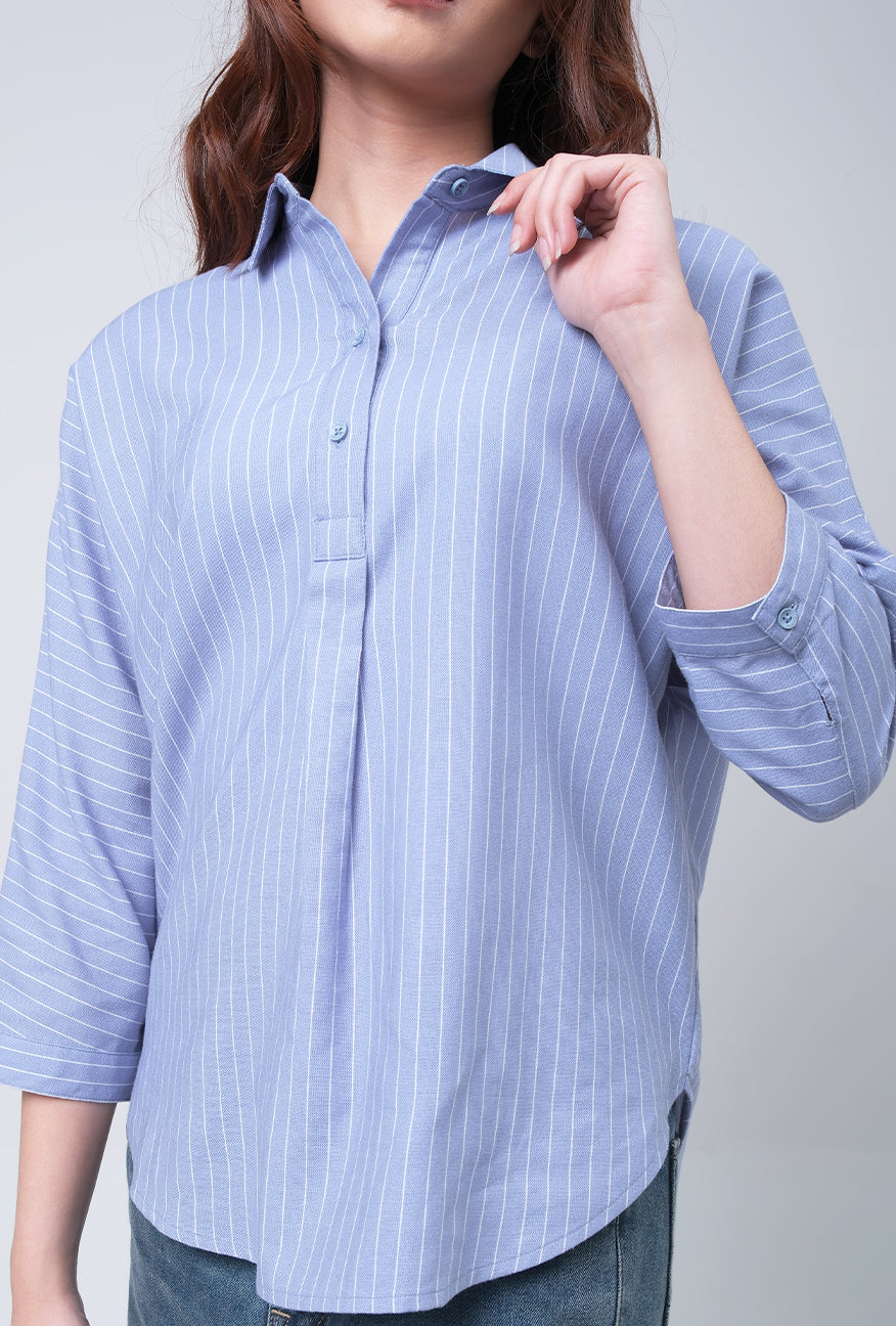 Kemeja Lengan Panjang Leota Blue White