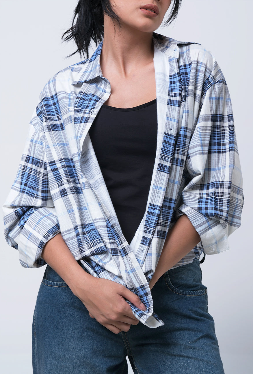 Kemeja Lengan Panjang Agnetha White Blue