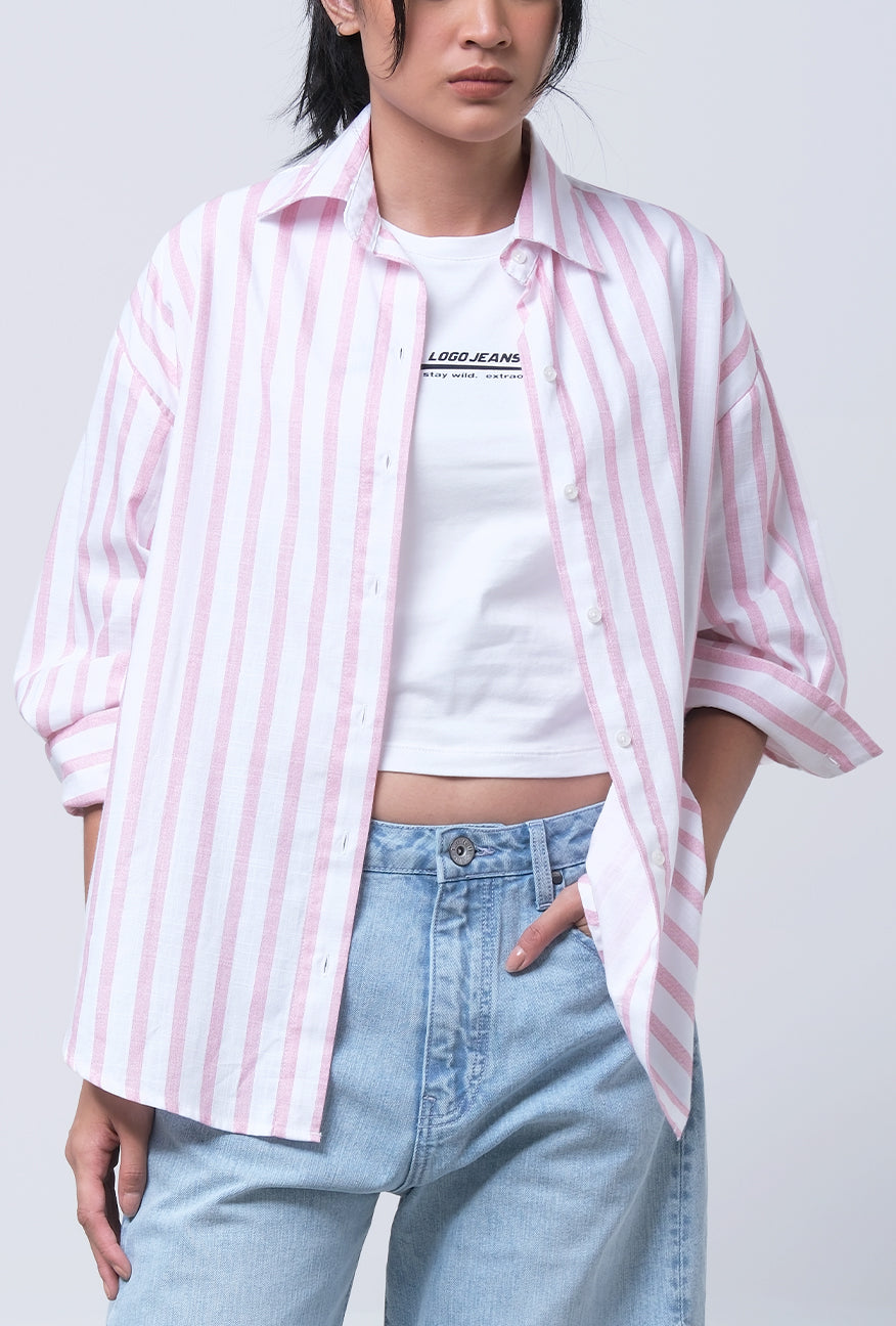Kemeja Lengan Panjang Lenka Pink White
