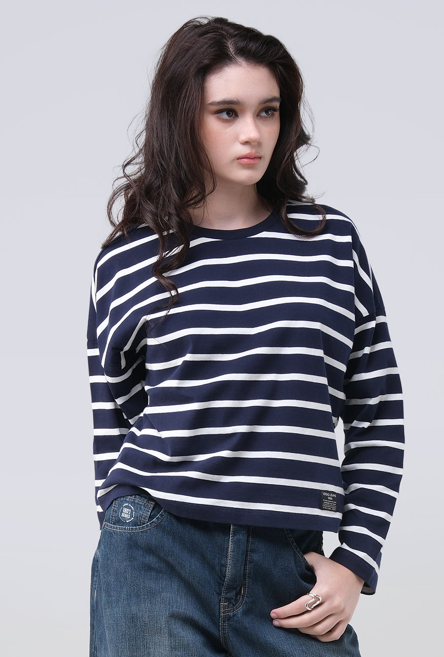 T-Shirt Lengan Panjang Grecila Navy White Stripe
