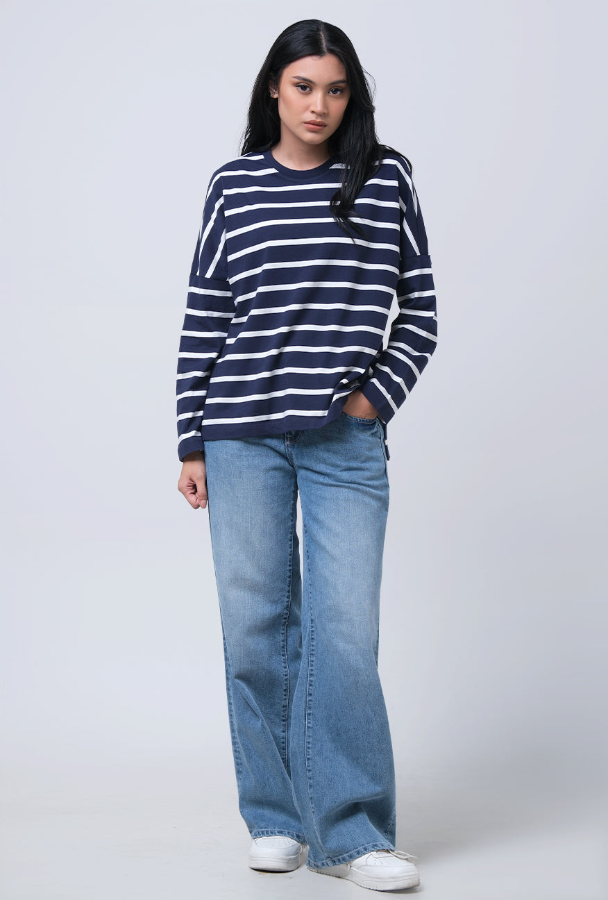 T-Shirt Lengan Panjang Chandie Navy white Stripe