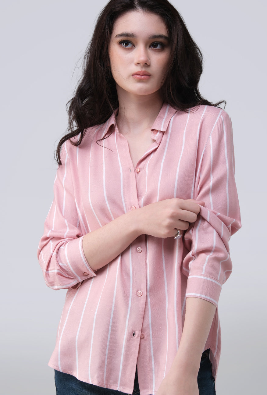 Kemeja Lengan Panjang Tracey Pink White