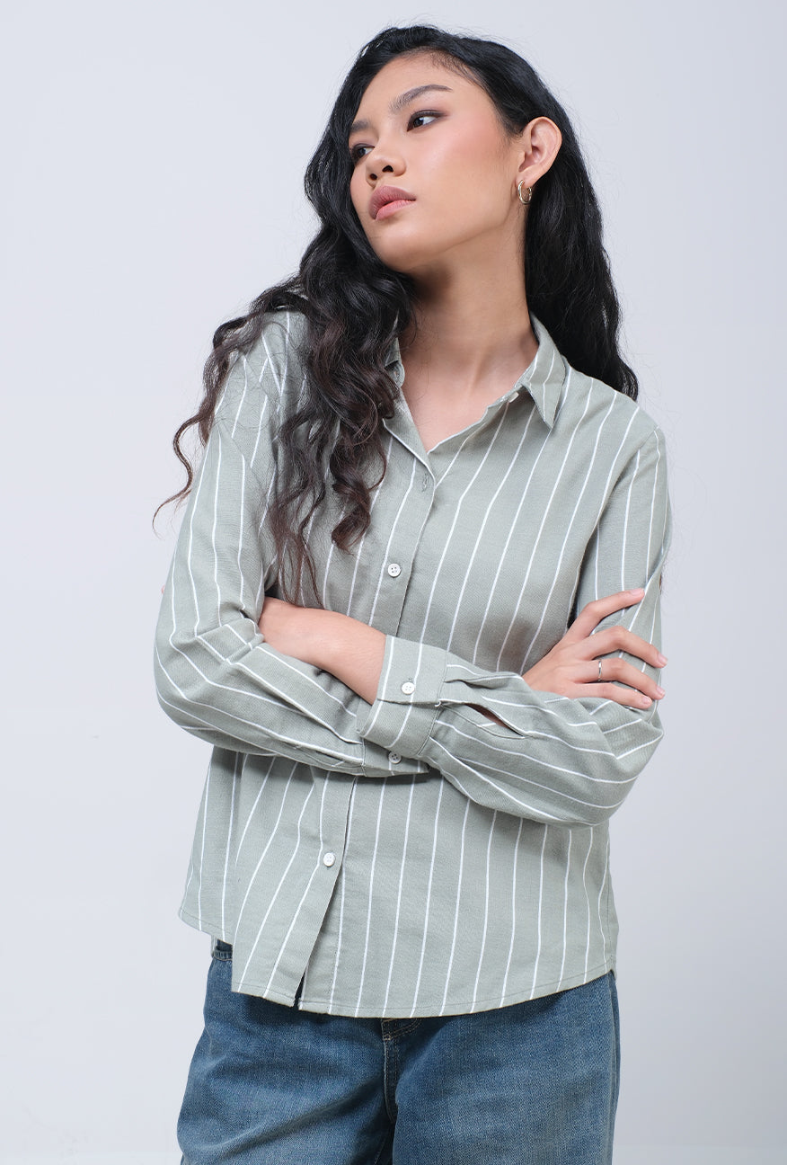 Kemeja Lengan Panjang Valja Green Offwhite