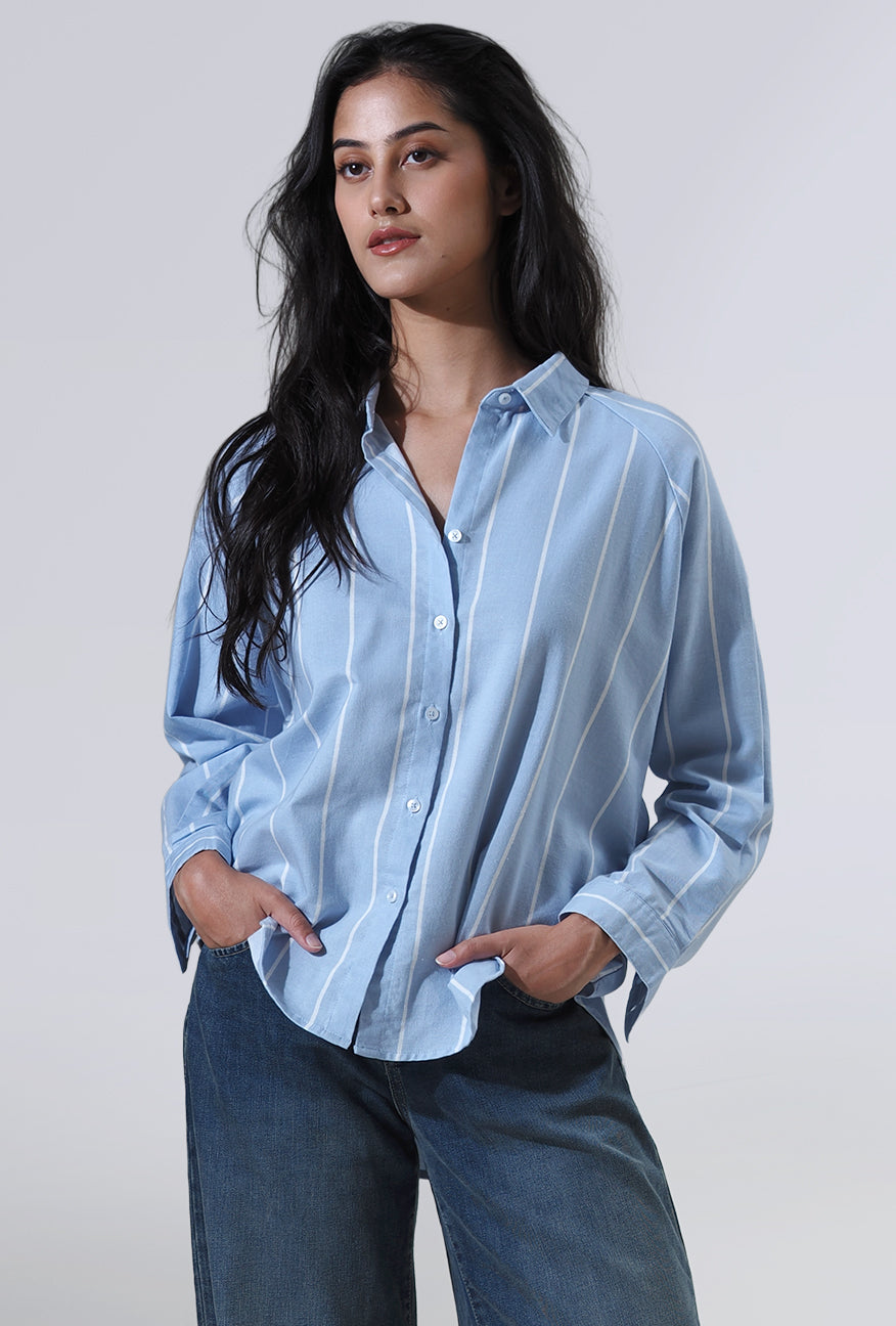 Kemeja Lengan Panjang Lycka Blue White