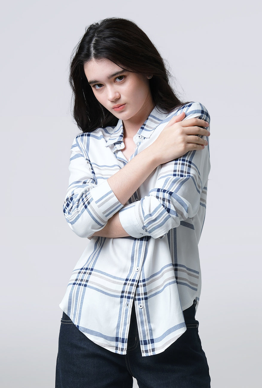 Kemeja Lengan Panjang Mara White Blue