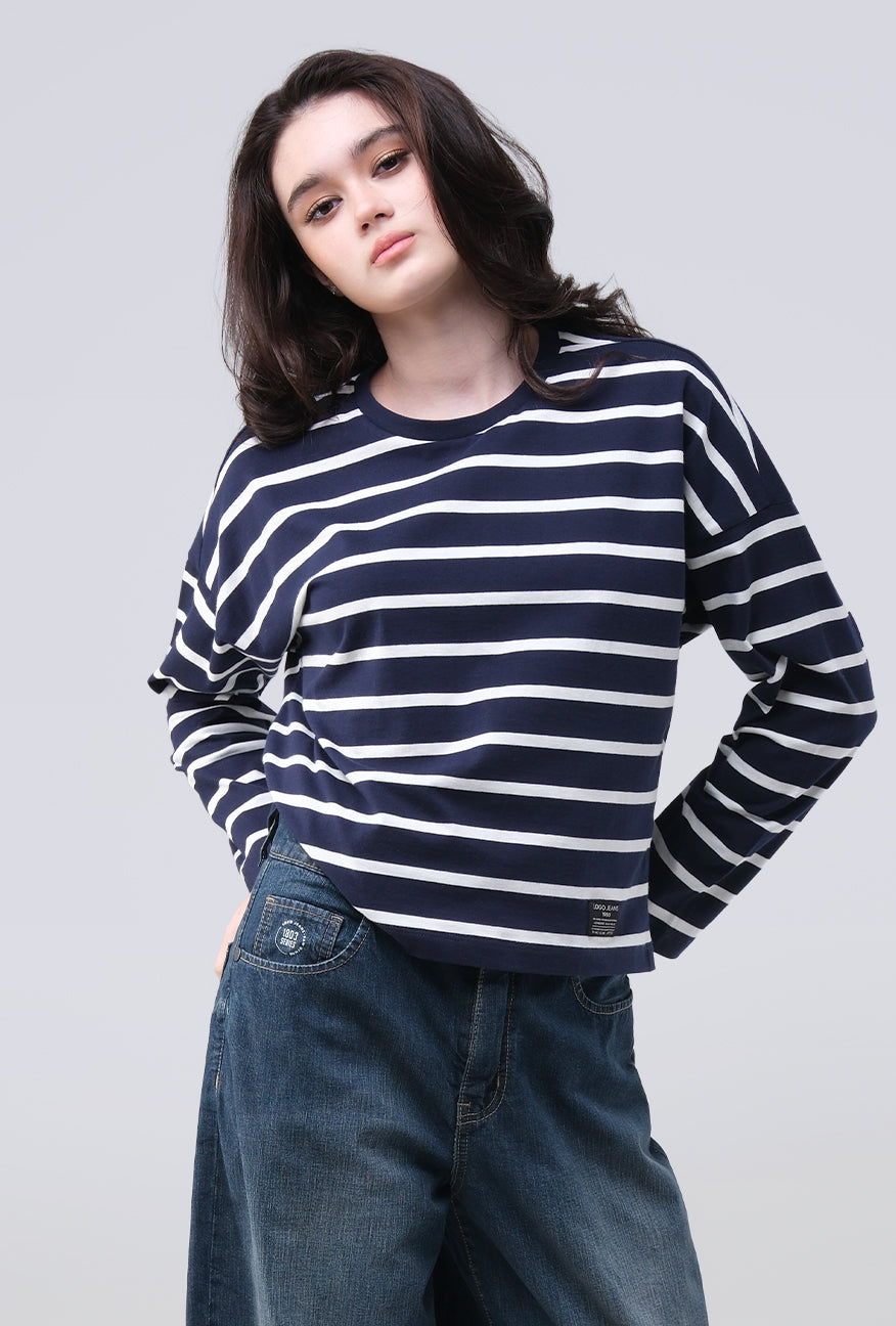 T-Shirt Lengan Panjang Grecila Navy White Stripe