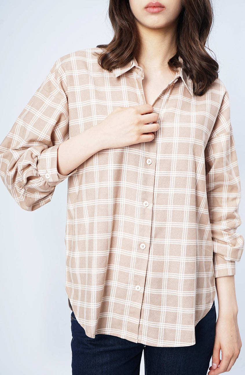 Kemeja Lengan Panjang Evie Khaki White