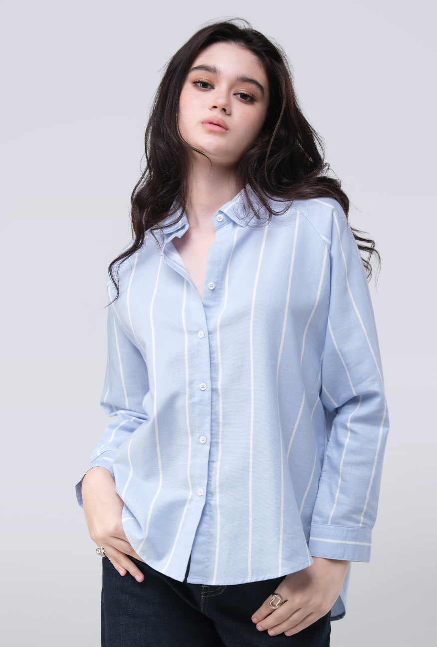 Kemeja Lengan Panjang Lycka Blue White