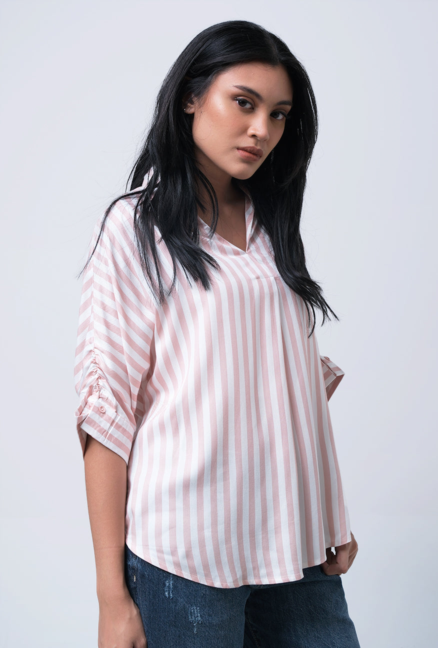 Kemeja Lengan Pendek Florentina Pink Offwhite