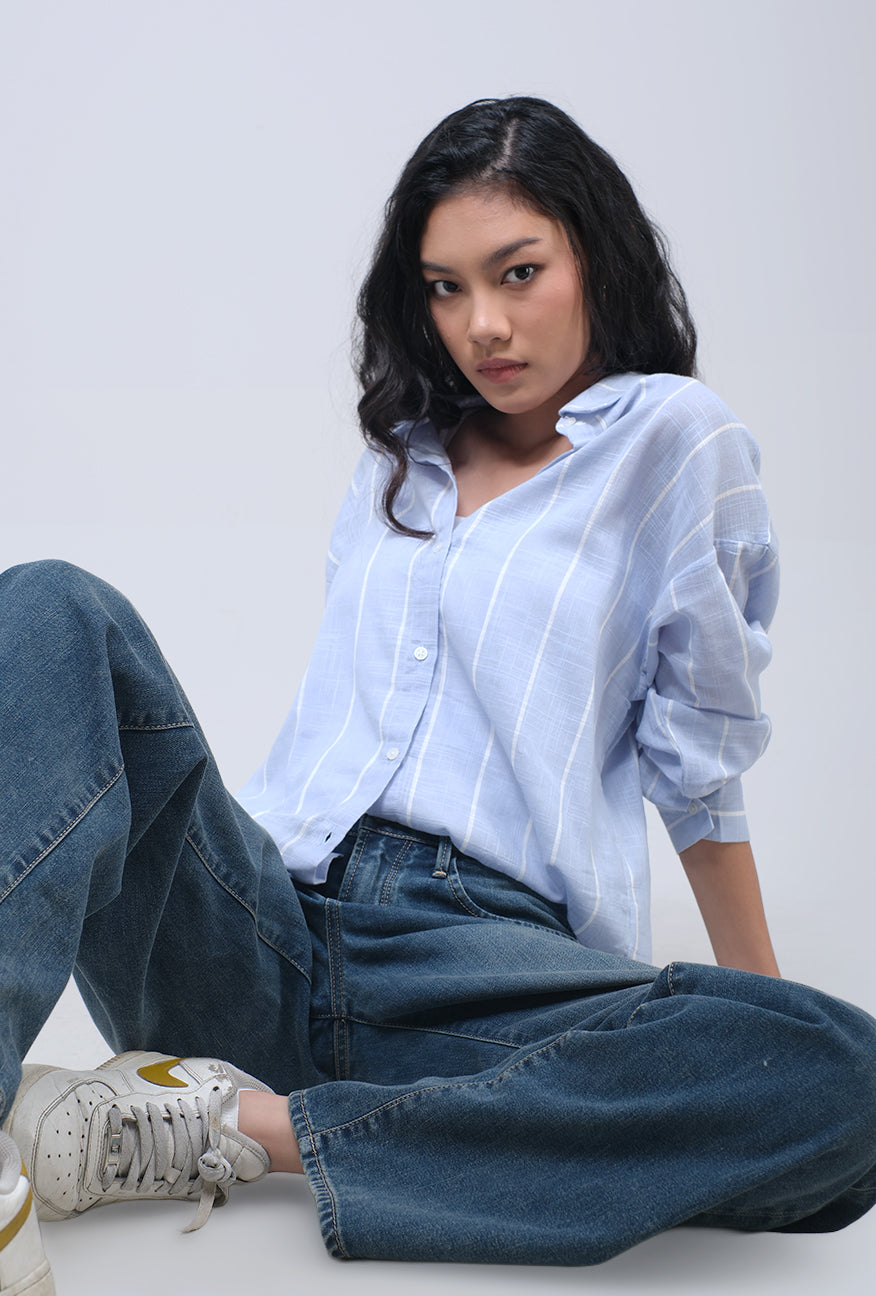 Kemeja Lengan Panjang Grace Blue White