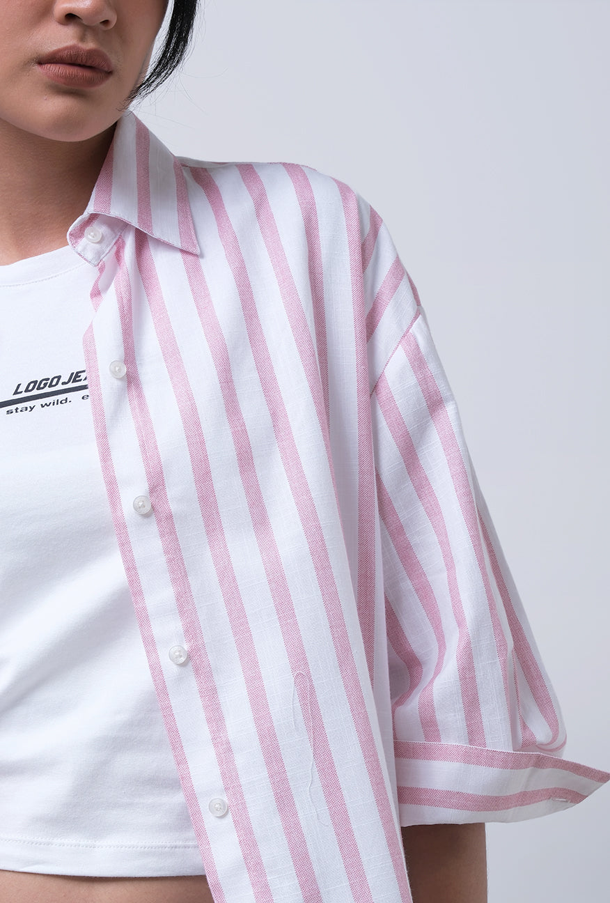 Kemeja Lengan Panjang Lenka Pink White