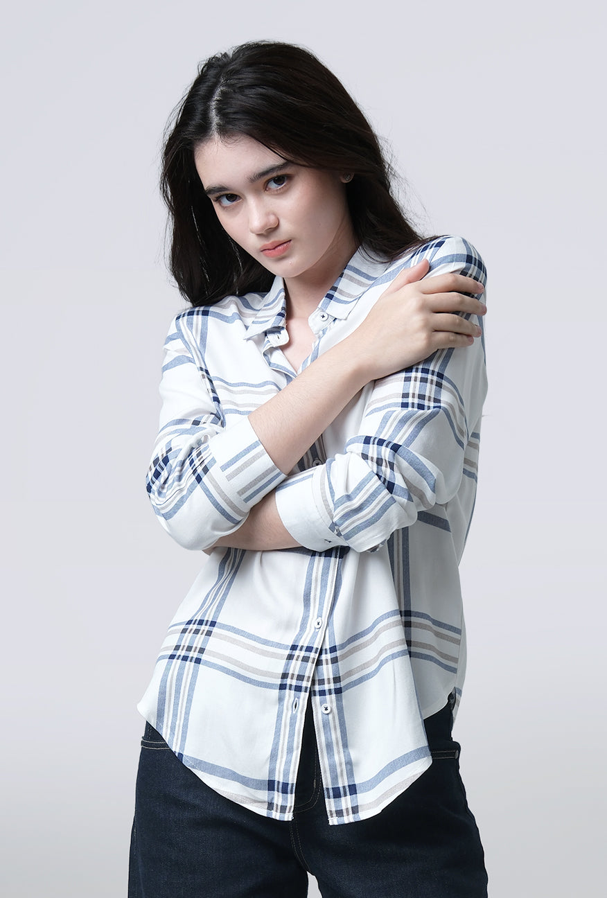 Kemeja Lengan Panjang Mara White Blue
