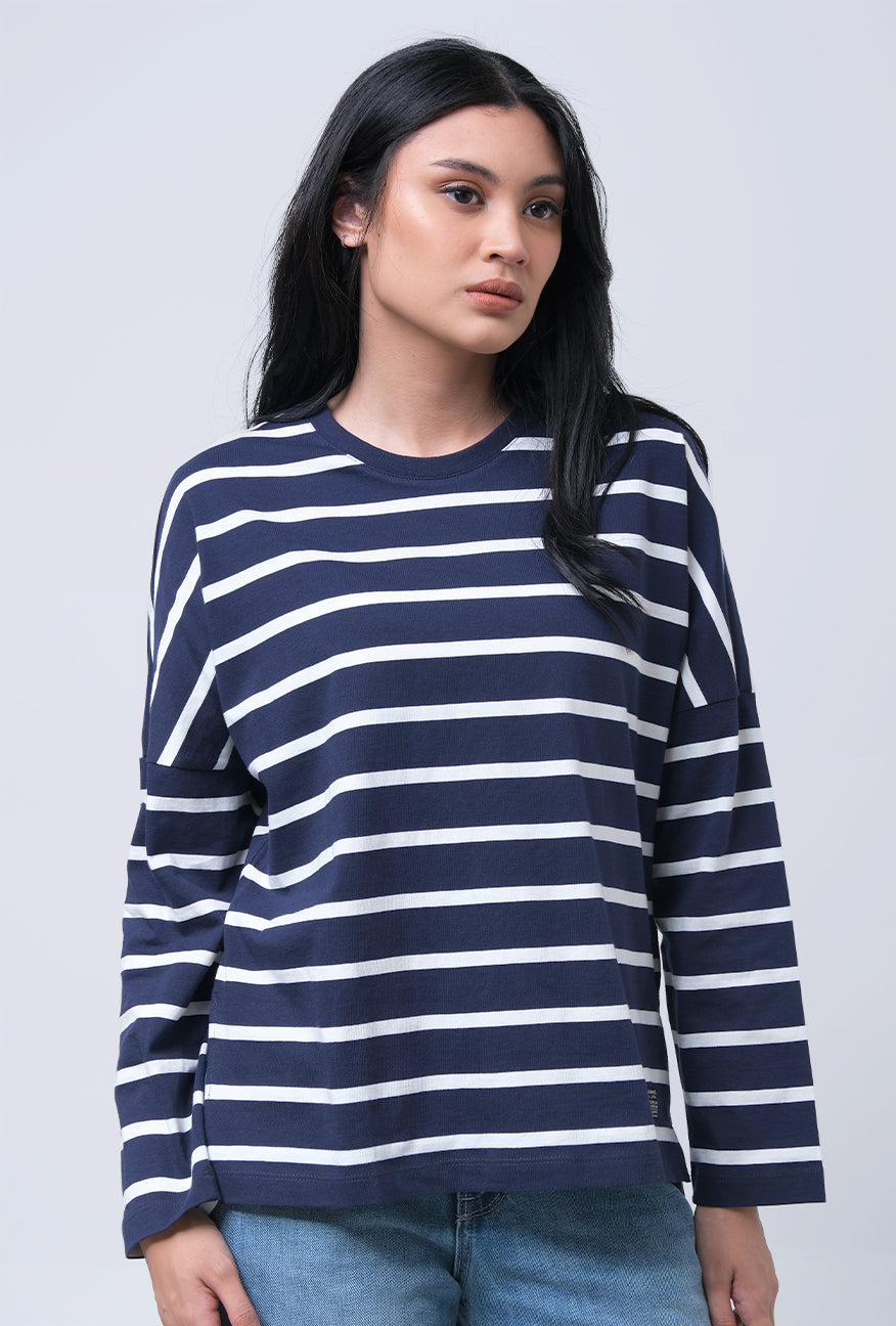 T-Shirt Lengan Panjang Chandie Navy white Stripe
