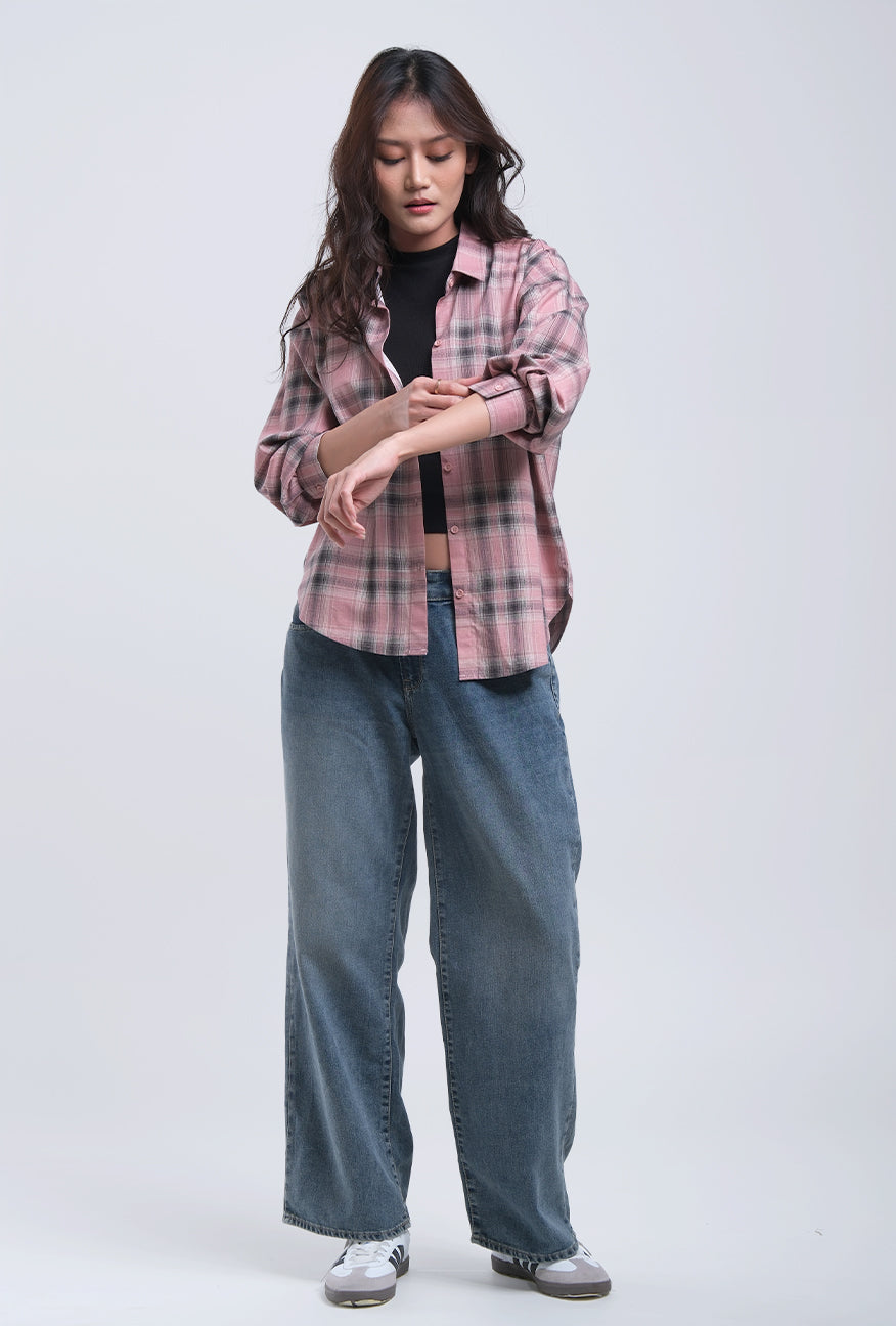 Kemeja Lengan Panjang Claire Pink Black