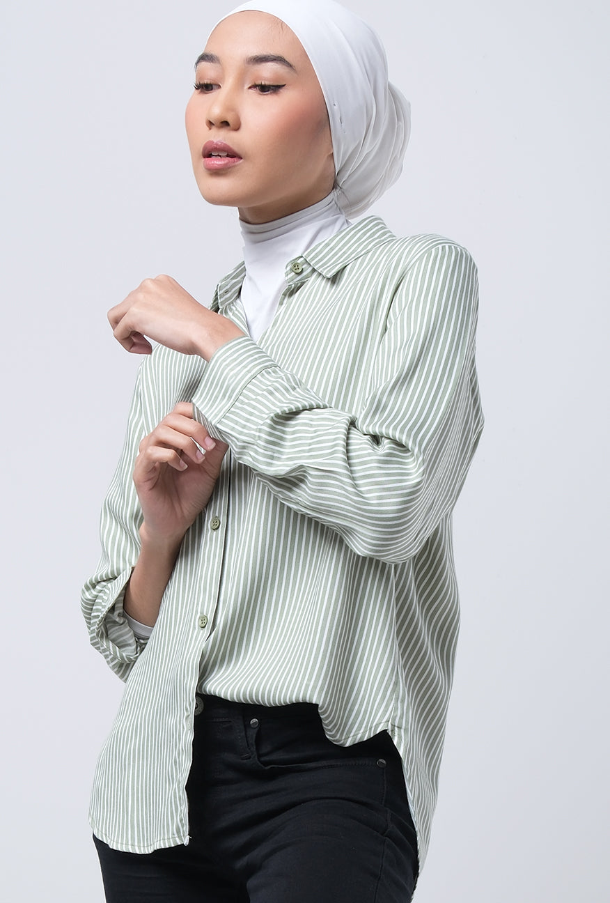 Kemeja Lengan Panjang Vivi White Green