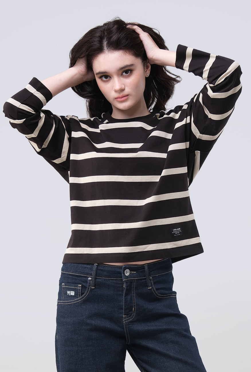 T-Shirt Lengan Panjang Zeva Black Beige Stripe