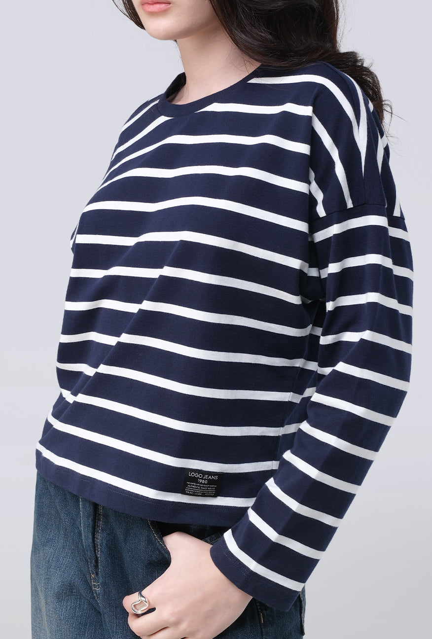 T-Shirt Lengan Panjang Grecila Navy White Stripe