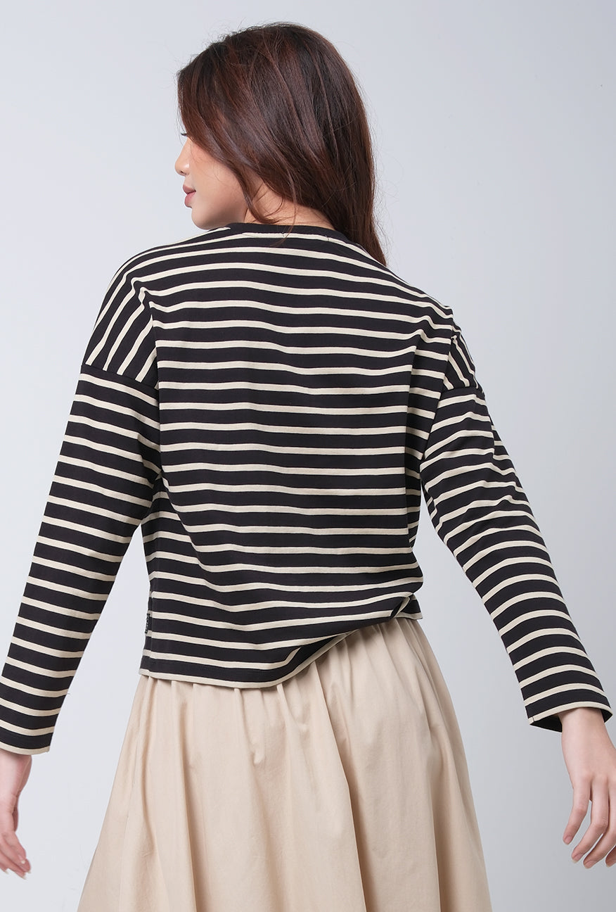 T-shirt Lengan Panjang Elsie Black Cream Stripe