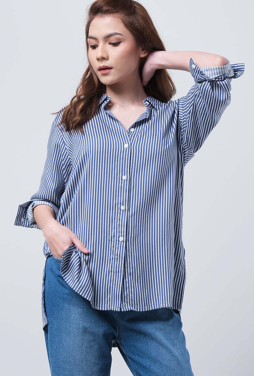 Kemeja Lengan Panjang Ziva Navy White